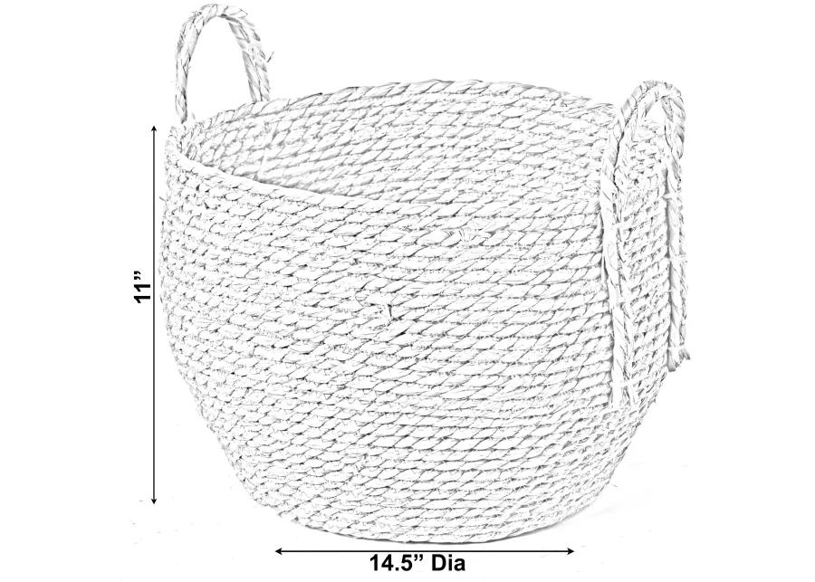 Decorative Round Wicker Woven Rope Storage Blanket Basket with Braided Handles - Large