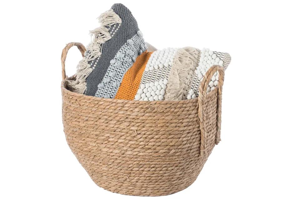 Decorative Round Wicker Woven Rope Storage Blanket Basket with Braided Handles - Large