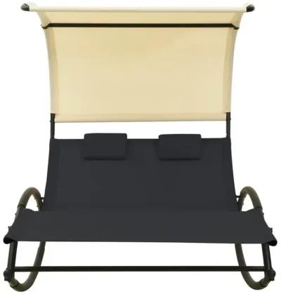 vidaXL Double Sun Lounger with Canopy Textilene Black and Cream