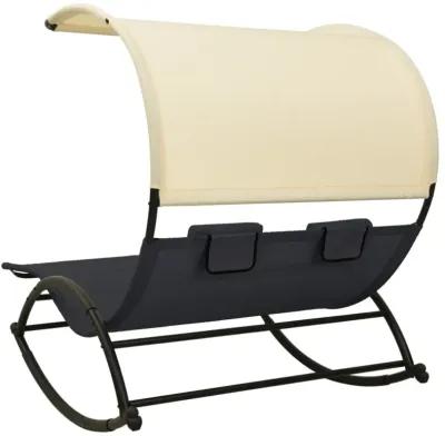 vidaXL Double Sun Lounger with Canopy Textilene Black and Cream