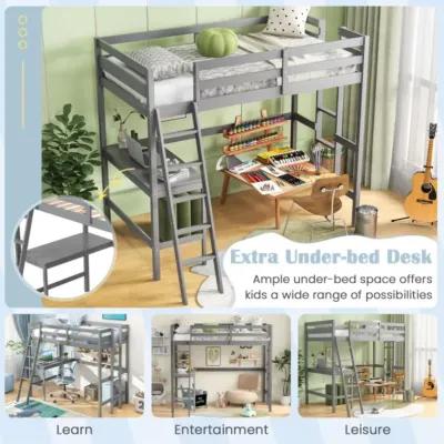 Hivvago Twin Size Loft Bed Frame with Desk Angled and Built-in Ladder