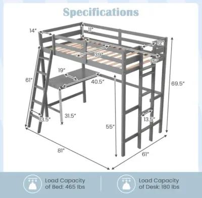 Hivvago Twin Size Loft Bed Frame with Desk Angled and Built-in Ladder