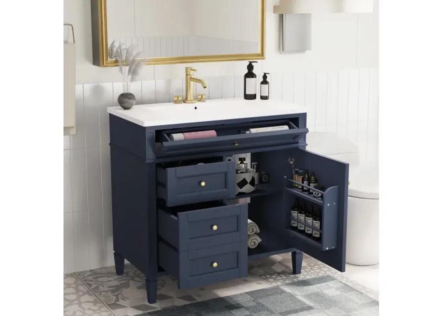 Modern Bathroom Vanity with Adjustable Shelf, Tip-Out Drawer, and Cabinet Organizer