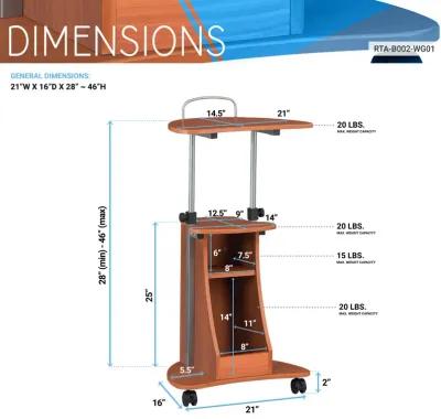 Sit-to-Stand Rolling Adjustable Height Laptop Cart With Storage, Woodgrain