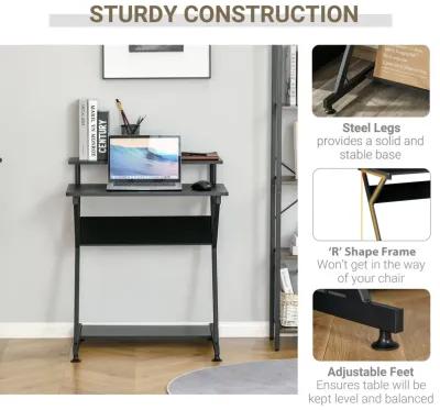 Black Home Office: Industrial R-Shaped Desk with Monitor Shelf