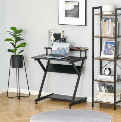 Black Home Office: Industrial R-Shaped Desk with Monitor Shelf