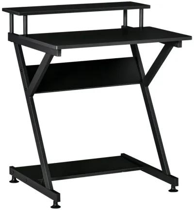 Black Home Office: Industrial R-Shaped Desk with Monitor Shelf