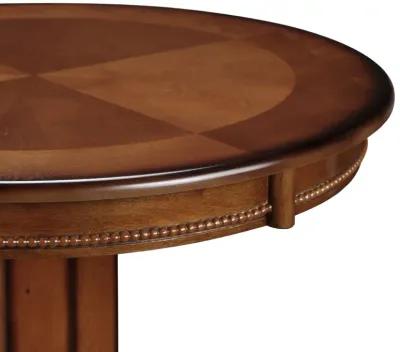 Ava 42 Inch Wood Pub Bar Table, Sunburst Design, Carved Pedestal, Brown-Benzara