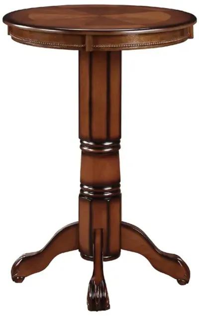 Ava 42 Inch Wood Pub Bar Table, Sunburst Design, Carved Pedestal, Brown-Benzara