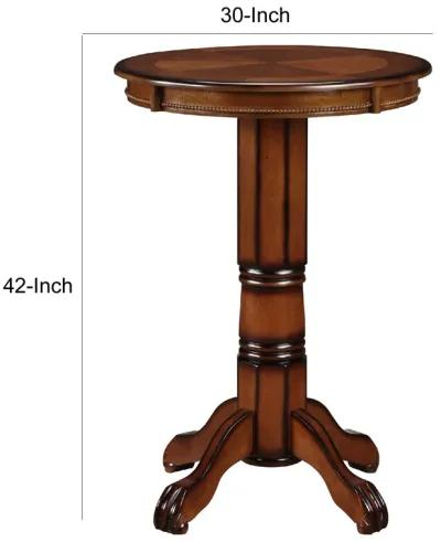 Ava 42 Inch Wood Pub Bar Table, Sunburst Design, Carved Pedestal, Brown-Benzara