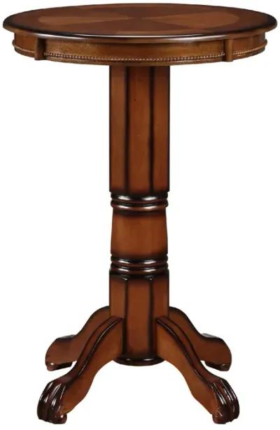 Ava 42 Inch Wood Pub Bar Table, Sunburst Design, Carved Pedestal, Brown-Benzara