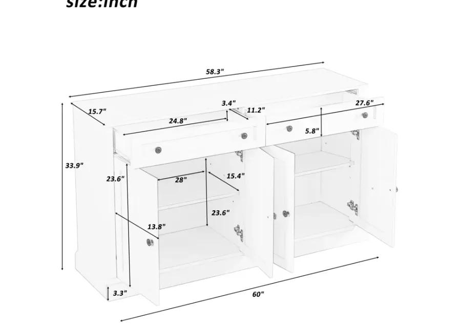 Kitchen Sideboard Storage Buffet Cabinet with 2 Drawers & 4 Doors Adjustable Shelves for Dining Room, Living Room (Antique White)