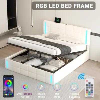 Storage Bed Frame Upholstered Platform Bed with LED Lights