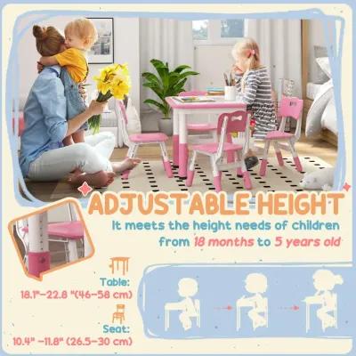 Qaba Kids Table and Chair Set, Height Adjustable 5 Piece Toddler Table and Chair Set with Storage Box, Easy to Wipe Activity Table with 4 Chairs for Ages 18 Months-5 Years, Pink