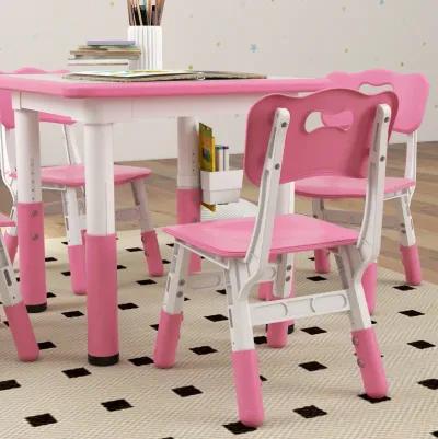 Qaba Kids Table and Chair Set, Height Adjustable 5 Piece Toddler Table and Chair Set with Storage Box, Easy to Wipe Activity Table with 4 Chairs for Ages 18 Months-5 Years, Pink