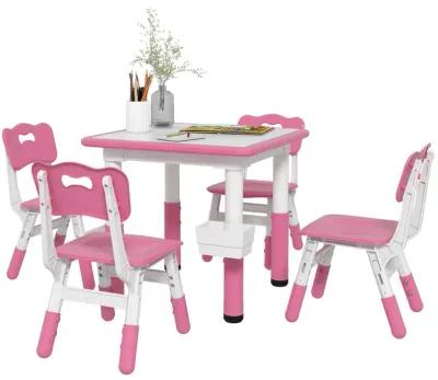 Qaba Kids Table and Chair Set, Height Adjustable 5 Piece Toddler Table and Chair Set with Storage Box, Easy to Wipe Activity Table with 4 Chairs for Ages 18 Months-5 Years, Pink