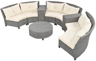 6 - Person Fan-shaped Rattan Suit Combination with Cushions and Table, Suitable for Garden