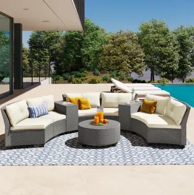 6 - Person Fan-shaped Rattan Suit Combination with Cushions and Table, Suitable for Garden