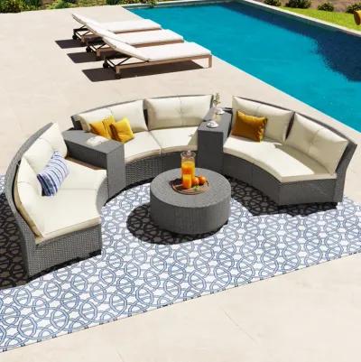 6 - Person Fan-shaped Rattan Suit Combination with Cushions and Table, Suitable for Garden