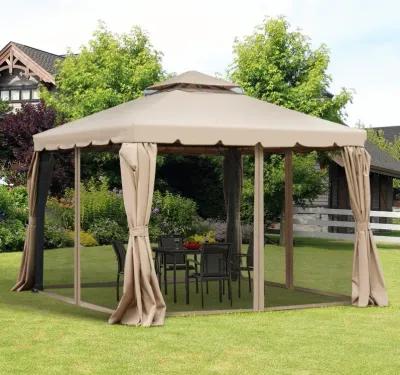 Khaki Backyard Haven: 10'x10' Gazebo with Netting & Double-Vented Roof