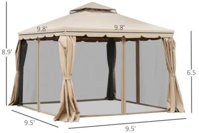 Khaki Backyard Haven: 10'x10' Gazebo with Netting & Double-Vented Roof