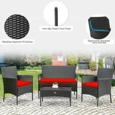 4 Pieces Patio Rattan Cushioned Sofa Set with Tempered Glass Coffee Table-Red