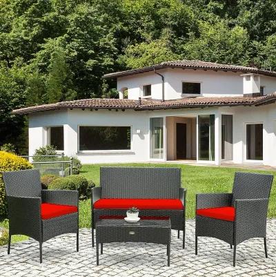 4 Pieces Patio Rattan Cushioned Sofa Set with Tempered Glass Coffee Table-Red