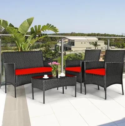 4 Pieces Patio Rattan Cushioned Sofa Set with Tempered Glass Coffee Table-Red