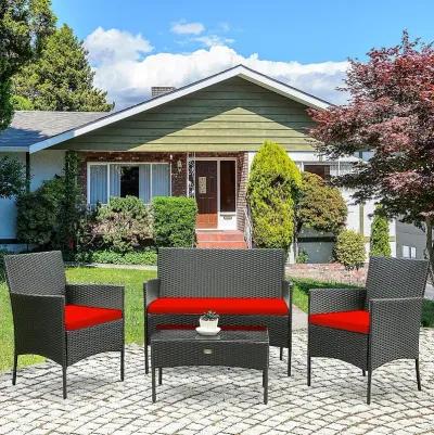 4 Pieces Patio Rattan Cushioned Sofa Set with Tempered Glass Coffee Table-Red