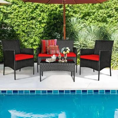 4 Pieces Patio Rattan Cushioned Sofa Set with Tempered Glass Coffee Table-Red