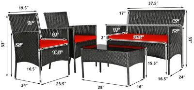 4 Pieces Patio Rattan Cushioned Sofa Set with Tempered Glass Coffee Table-Red