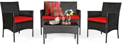 4 Pieces Patio Rattan Cushioned Sofa Set with Tempered Glass Coffee Table-Red