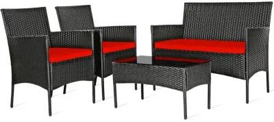 4 Pieces Patio Rattan Cushioned Sofa Set with Tempered Glass Coffee Table-Red