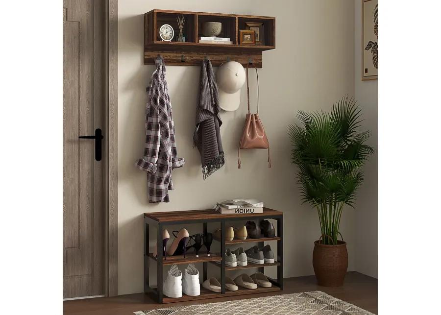 Brown Entryway Coat Rack: 5-Hook, Shoe Bench, 10-Pair Capacity