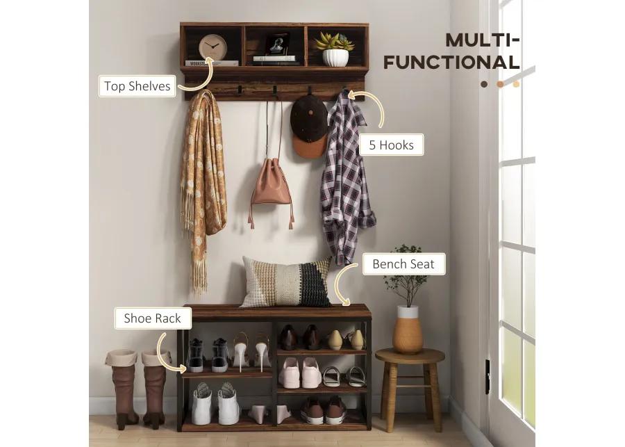 Brown Entryway Coat Rack: 5-Hook, Shoe Bench, 10-Pair Capacity