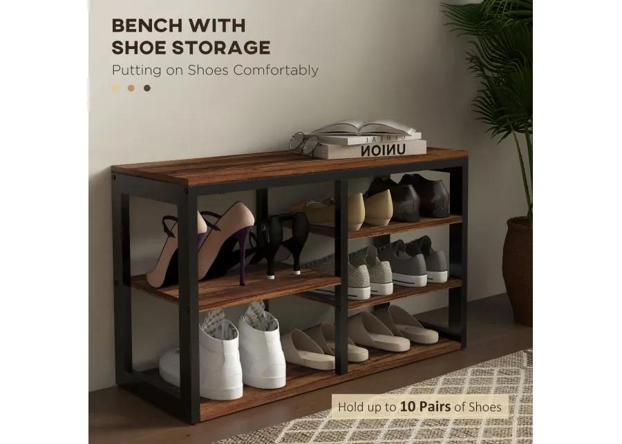 Brown Entryway Coat Rack: 5-Hook, Shoe Bench, 10-Pair Capacity