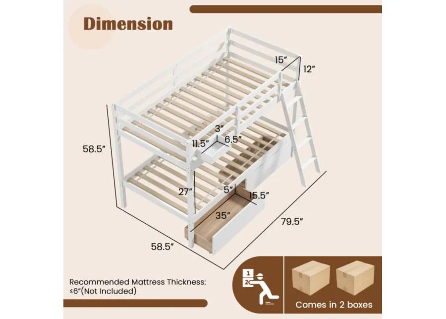 Hivvago Twin Over Twin Bunk Bed Wood Bed Frame with 2 Storage Drawers and Ladder