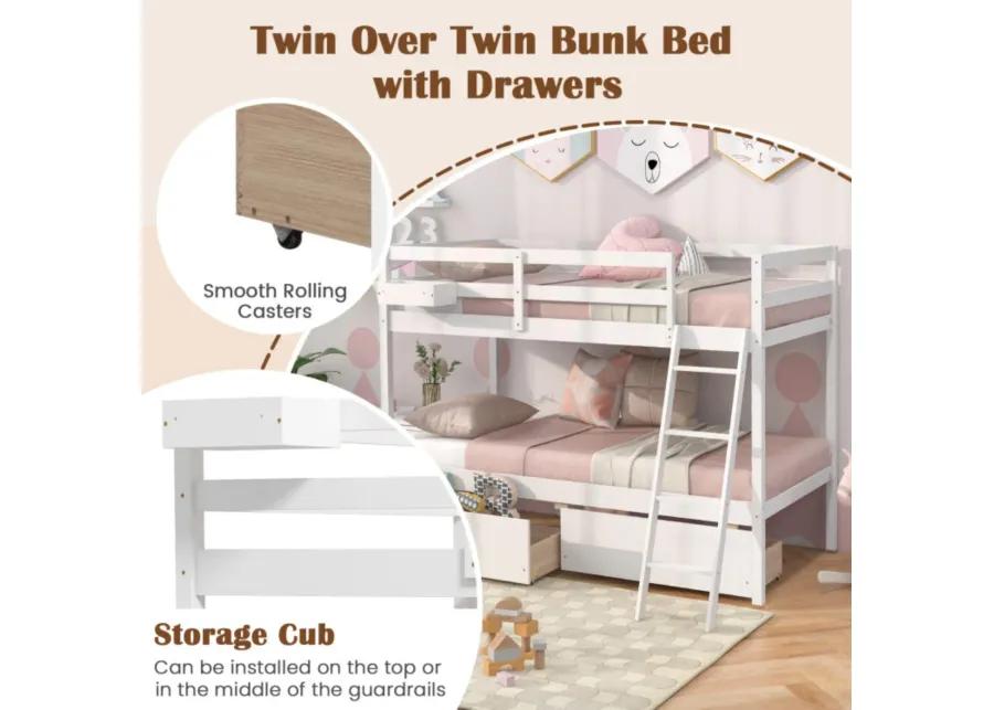 Hivvago Twin Over Twin Bunk Bed Wood Bed Frame with 2 Storage Drawers and Ladder