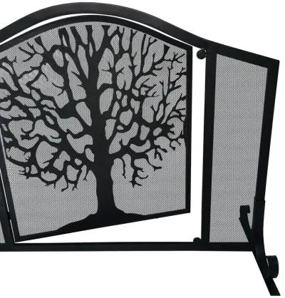 43 Inches 3 Panel Iron Fireplace Screen, Mesh Design, Arched Top, Tree of Life Art, Black-Benzara