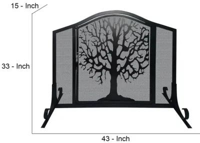 43 Inches 3 Panel Iron Fireplace Screen, Mesh Design, Arched Top, Tree of Life Art, Black-Benzara