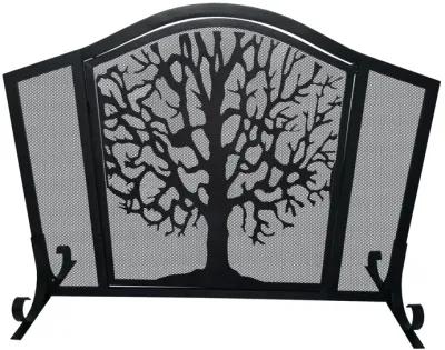 43 Inches 3 Panel Iron Fireplace Screen, Mesh Design, Arched Top, Tree of Life Art, Black-Benzara