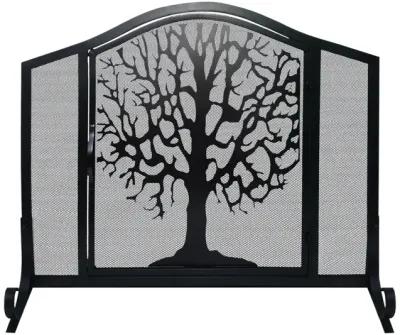 43 Inches 3 Panel Iron Fireplace Screen, Mesh Design, Arched Top, Tree of Life Art, Black-Benzara