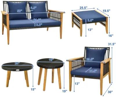 7 Piece Outdoor Conversation Set with Stable Acacia Wood Frame Cozy Seat & Back Cushions-Navy