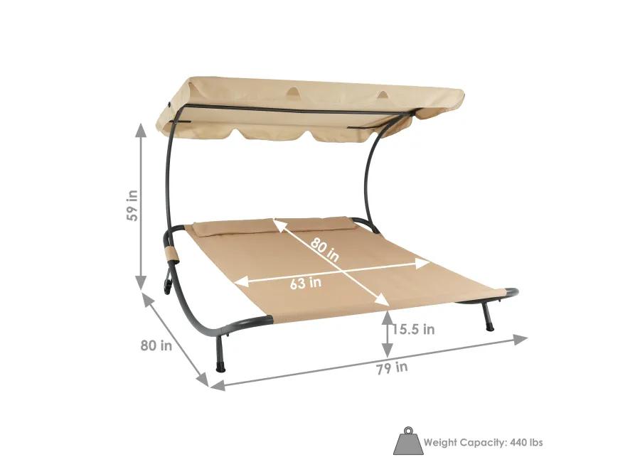 Sunnydaze Modern Fabric Double Chaise Lounge Bed with Canopy - Beige