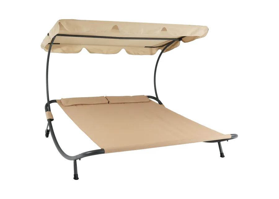 Sunnydaze Modern Fabric Double Chaise Lounge Bed with Canopy - Beige