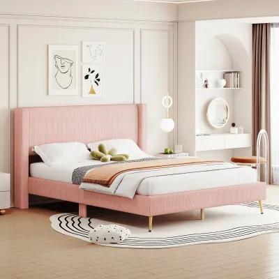 Merax Corduroy Platform Bed with Metal Legs