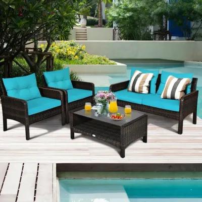 4 Pieces Outdoor Rattan Wicker Loveseat Furniture Set with Cushions