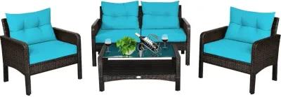 4 Pieces Outdoor Rattan Wicker Loveseat Furniture Set with Cushions