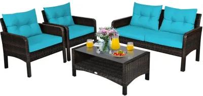 4 Pieces Outdoor Rattan Wicker Loveseat Furniture Set with Cushions