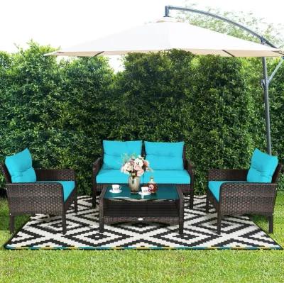 4 Pieces Outdoor Rattan Wicker Loveseat Furniture Set with Cushions